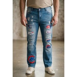 Chicago Cubs MLB Distressed Patch Denim Jeans Unisex Blue Fan Gear 41x32 Sports